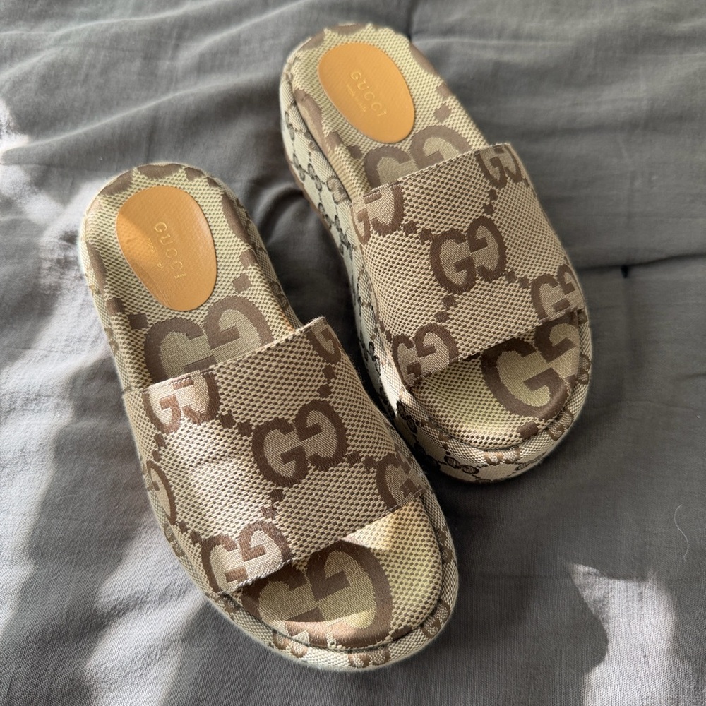 Gucci Platform Slide Sandals Beige Monogram
